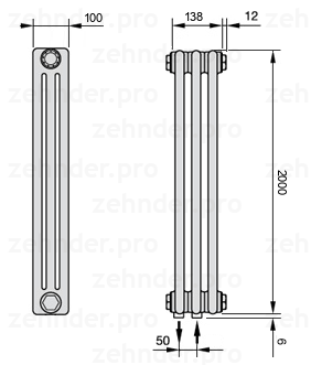 Схема (чертеж) Радиатор Zehnder Charleston 3200/3 №5410 Белый глянцевый RAL 9016